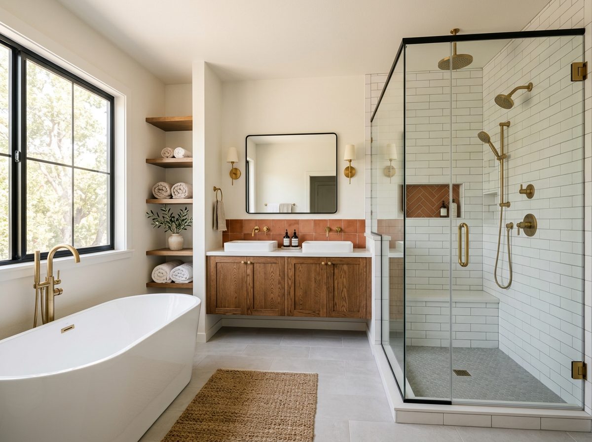 Modern farmhouse bathroom, walk-in shower, freestanding tub, oak vanity