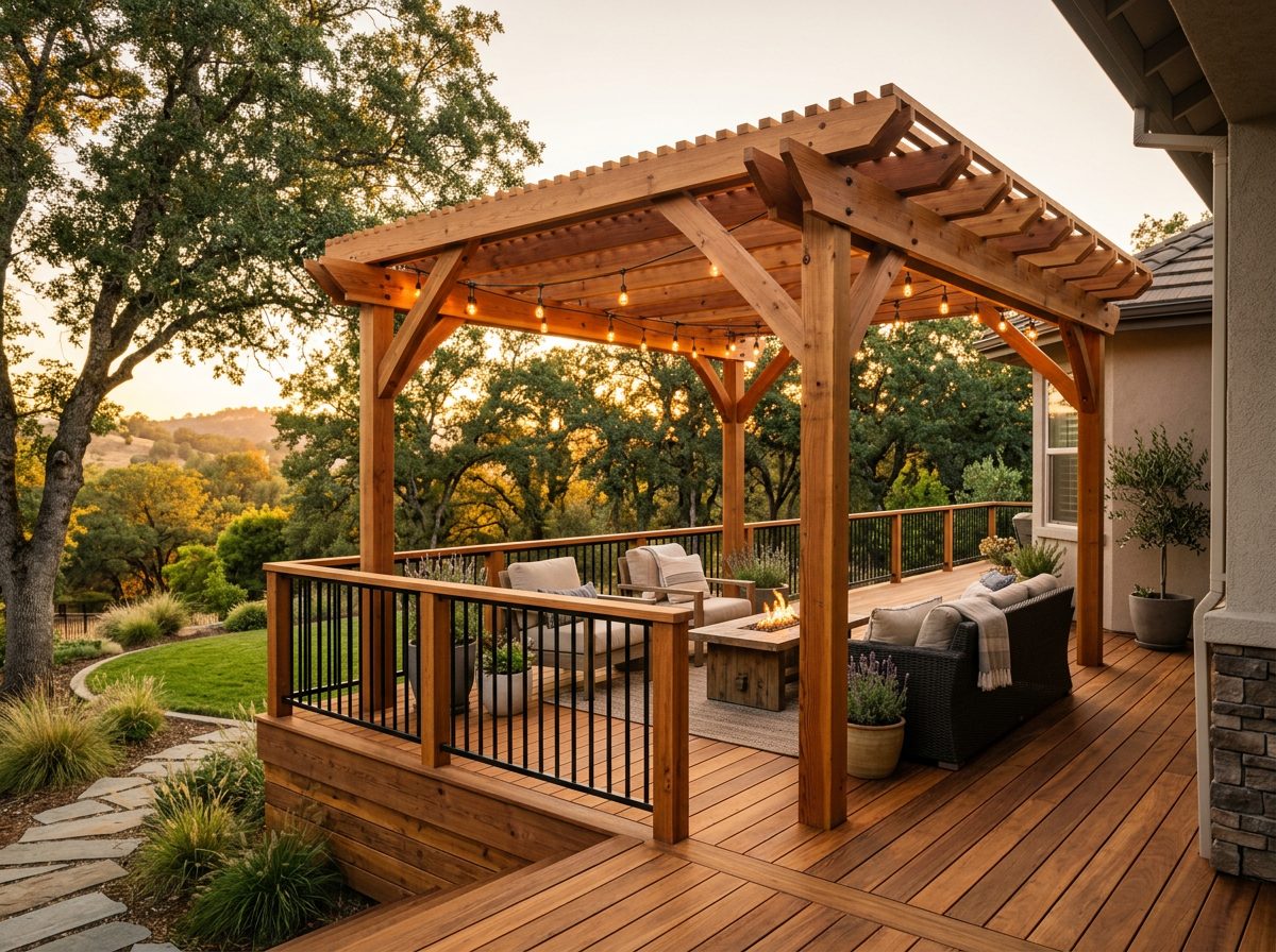 Cedar deck with timber pergola and string lights at golden hour, Placer County backyard