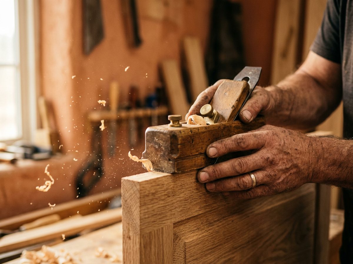 Carpenter hand-planing an oak cabinet edge, sawdust in golden light