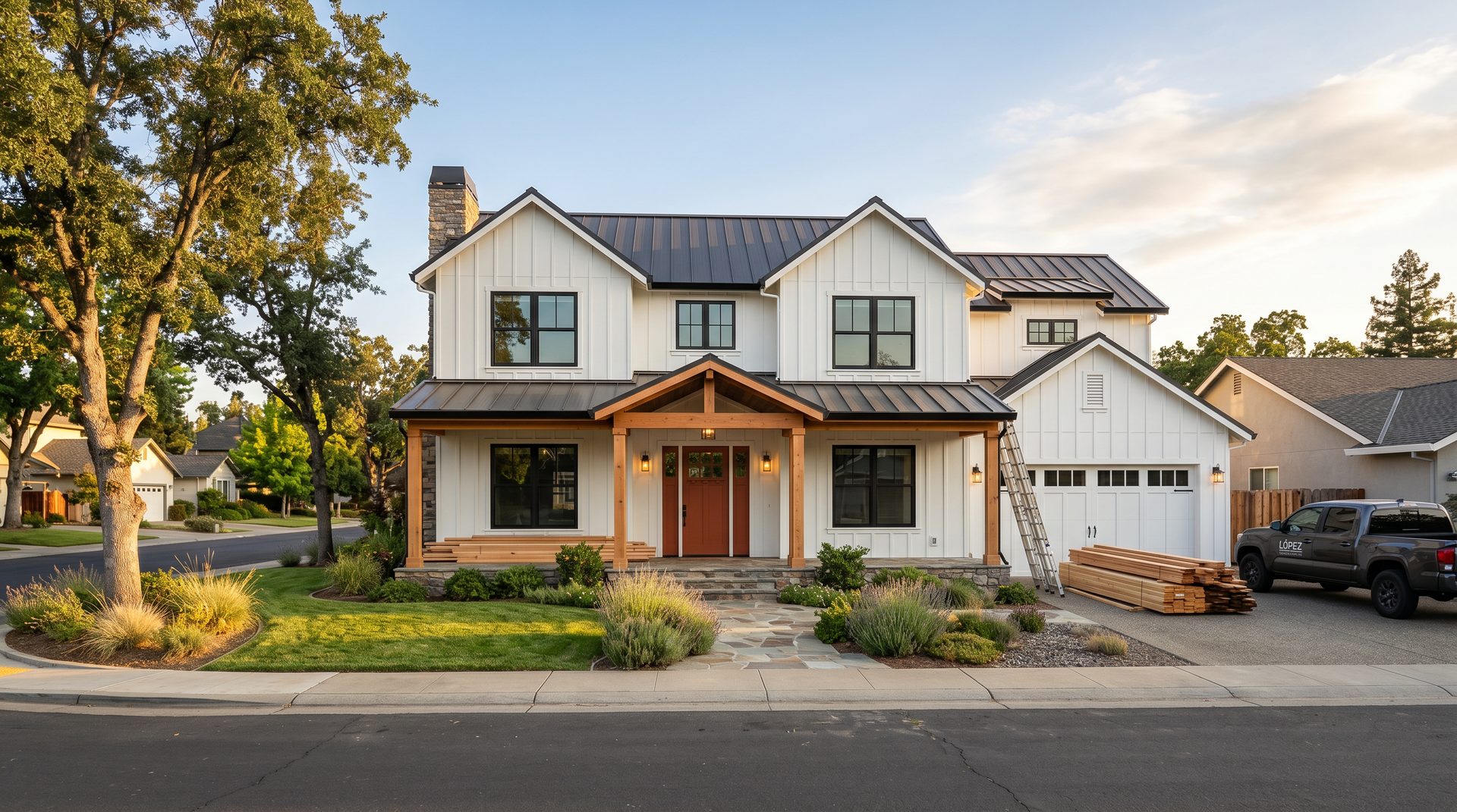 Modern farmhouse home built by López Construction, golden hour, Lincoln California