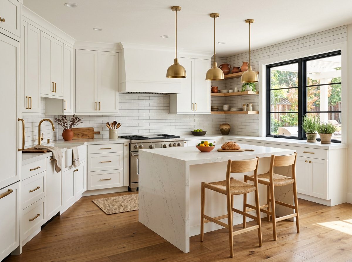 White farmhouse kitchen with quartz waterfall island and brass pendants