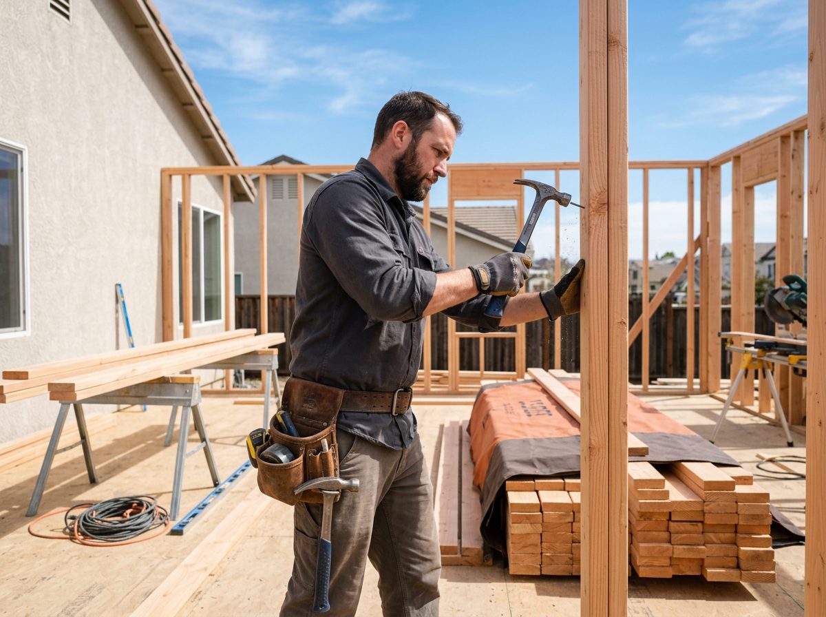 Carpenter framing a new room addition on a clean job site