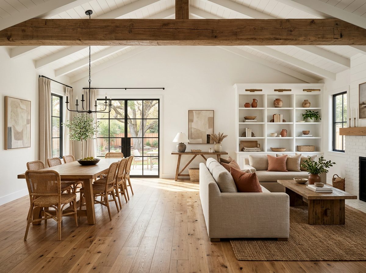 Open-concept farmhouse living and dining room with exposed beam and oak floors